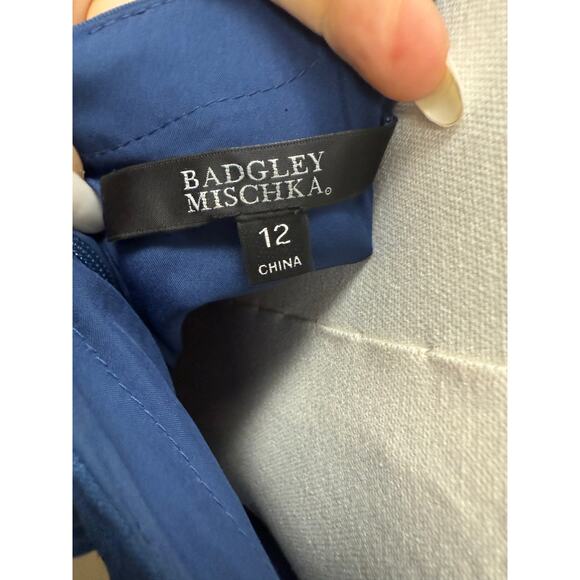 Badgley Mischka Ruffle Accent Sculptural Swirl Maxi Evening Dress Blue Size 12 - Picture 7 of 7